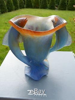AMAZING Boxed DAUM FRANCE- SIGNED PATE DE VERRE TWO FISHES ART GLASS VASE