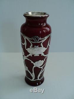 ANTIQUE WEBB ART NOUVEAU RED CASED GLASS VASE with STERLING SILVER OVERLAY