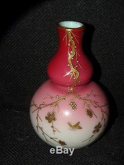 ANTIQUE WEBB PEACHBLOW GOLD ENAMELED ART GLASS VASE with insects flowers