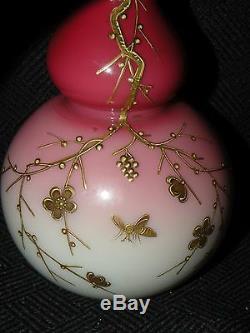 ANTIQUE WEBB PEACHBLOW GOLD ENAMELED ART GLASS VASE with insects flowers