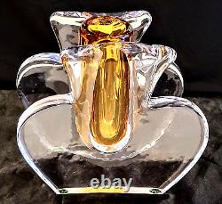 ART GLASS DOUBLE WALL VASE Murano Style Artist Signed Clear & Amber HEAVY OOAK