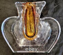 ART GLASS DOUBLE WALL VASE Murano Style Artist Signed Clear & Amber HEAVY OOAK