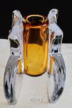 ART GLASS DOUBLE WALL VASE Murano Style Artist Signed Clear & Amber HEAVY OOAK