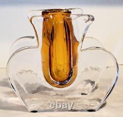 ART GLASS DOUBLE WALL VASE Murano Style Artist Signed Clear & Amber HEAVY OOAK