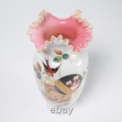 ATQ Victorian Bristol Opaline Ruffle Rim Art Glass Vase Japonisme Style 10.5h