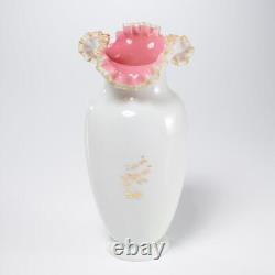 ATQ Victorian Bristol Opaline Ruffle Rim Art Glass Vase Japonisme Style 10.5h