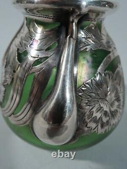Alvin Vase 3418 Art Nouveau American Iridescent Green Glass Silver Overlay
