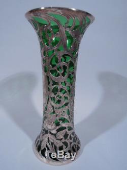 Alvin Vase G3326 Art Nouveau American Emerald Green Glass & Silver Overlay