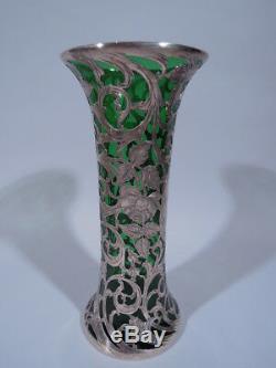 Alvin Vase G3326 Art Nouveau American Emerald Green Glass & Silver Overlay