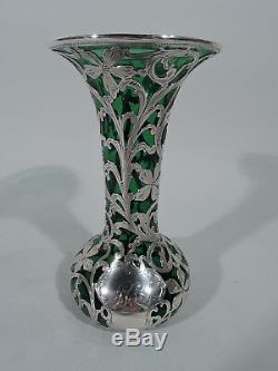 Alvin Vase G387 Art Nouveau American Emerald Green Glass & Silver Overlay