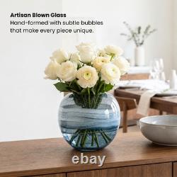 Andrea 7 round Blue Glass Bowl Vase, Handblown Art Glass Handblown Color-Infu