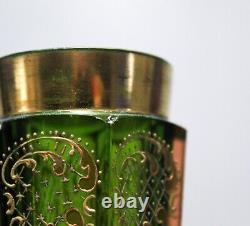 Antique 1890's MOSER Bohemian Art Glass Green Down to Rose Raised Gilt Tall Vase
