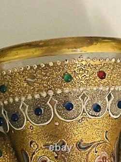 Antique 19c Moser Gold Enameled Glass Vase Jeweled