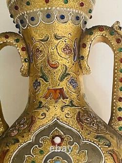 Antique 19c Moser Gold Enameled Glass Vase Jeweled