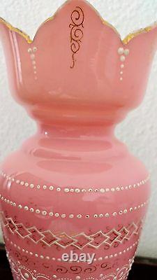Antique 19c Opaline Victorian Pink Bristol Enameled Art Glass Vase