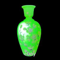 Antique Art Glass Vase Vaseline Uraniun Hand Painted Flowers UV Glows 11t 3w