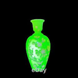 Antique Art Glass Vase Vaseline Uraniun Hand Painted Flowers UV Glows 11t 3w