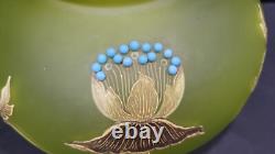 Antique Art Nouveau Enameled Frosted Green Glass Vase