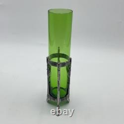 Antique Art Nouveau Green Glass Vase with Metal Mount 7