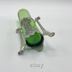 Antique Art Nouveau Green Glass Vase with Metal Mount 7
