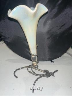 Antique Art Nouveau White Verre De Soie Glass Vase With Metal Branch Stand