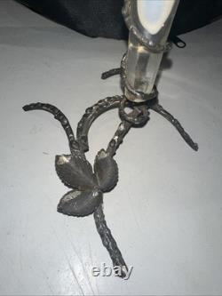 Antique Art Nouveau White Verre De Soie Glass Vase With Metal Branch Stand