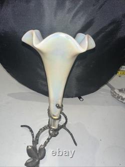Antique Art Nouveau White Verre De Soie Glass Vase With Metal Branch Stand