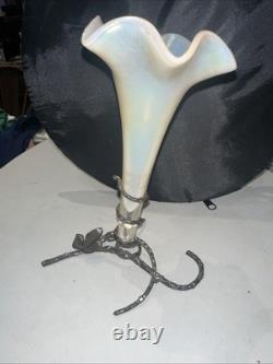 Antique Art Nouveau White Verre De Soie Glass Vase With Metal Branch Stand