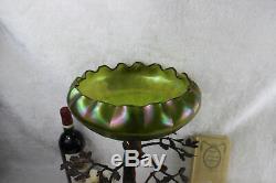 Antique Art nouveau center bowl tree green iridescent glass Vase attr. LOETZ