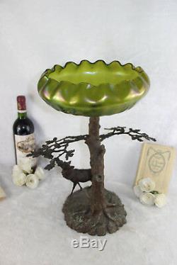 Antique Art nouveau center bowl tree green iridescent glass Vase attr. LOETZ