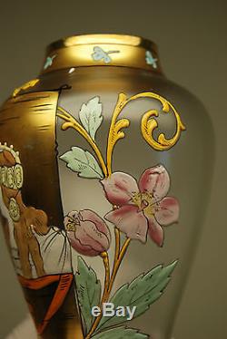 Antique Austrian Esthetic Movement Art Deco Nouveau Bohemian Glass Enamel Vase