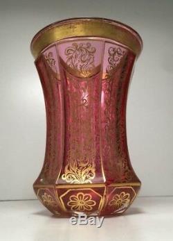 Antique Bohemian Art Glass Egermann Ranftbecher Beaker Vase Cranberry Gold C1830