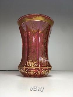 Antique Bohemian Art Glass Egermann Ranftbecher Beaker Vase Cranberry Gold C1830