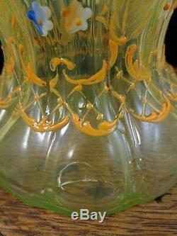 Antique Bohemian Cranberry Opalescent Vaseline HP Rococo Enamel Art Glass Vase