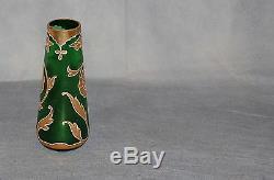 Antique Bohemian Green Satin Frosted Glass Moser Gilt Art Nouveau Flower Vase