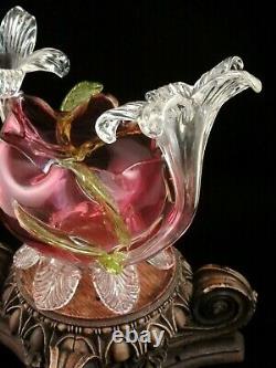 Antique Bohemian Harrach Cranberry Art Glass Rose Bowl w Applied Floriform Vases