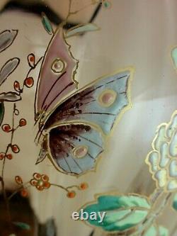 Antique Bohemian Harrach / Moser Hand Painted Enamel Butterfly Art Glass Vase