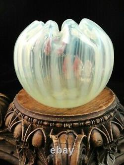Antique Bohemian Harrach Uranium Opalescent Art Glass Vase Applied Pink Flower