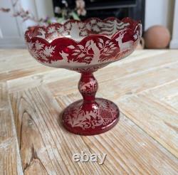 Antique Bohemian Red Glass Bowl with Deers and Forest Scene 19th Century