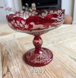 Antique Bohemian Red Glass Bowl with Deers and Forest Scene 19th Century
