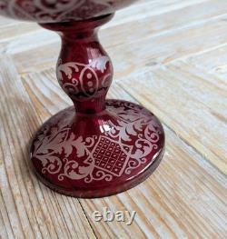 Antique Bohemian Red Glass Bowl with Deers and Forest Scene 19th Century