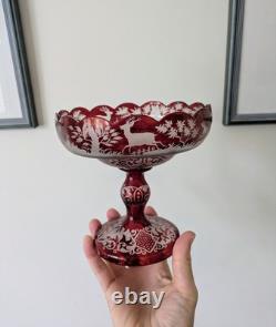 Antique Bohemian Red Glass Bowl with Deers and Forest Scene 19th Century