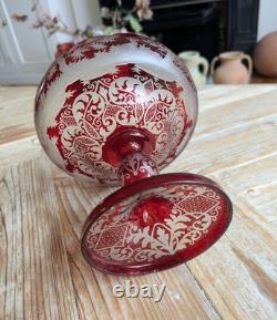 Antique Bohemian Red Glass Bowl with Deers and Forest Scene 19th Century