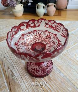Antique Bohemian Red Glass Bowl with Deers and Forest Scene 19th Century