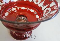 Antique Bohemian Ruby over Clear Cut Glass Center Bowl c. 1920 German Art Vase