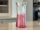 Antique Boston & Sandwich Blown Glass Pink Threaded Vase With Etched Flower 1880's