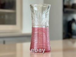 Antique Boston & Sandwich Blown Glass Pink Threaded Vase with Etched Flower 1880's