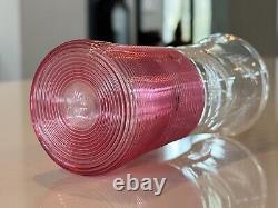 Antique Boston & Sandwich Blown Glass Pink Threaded Vase with Etched Flower 1880's