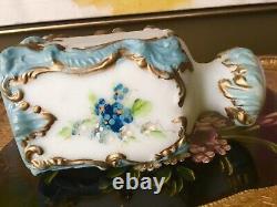 Antique Cameo Hand Painted Pressed Blue Ornate Cameo Glass Vase