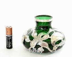 Antique Emerald Green Glass Silver Overlay Vase Art Nouveau Style
